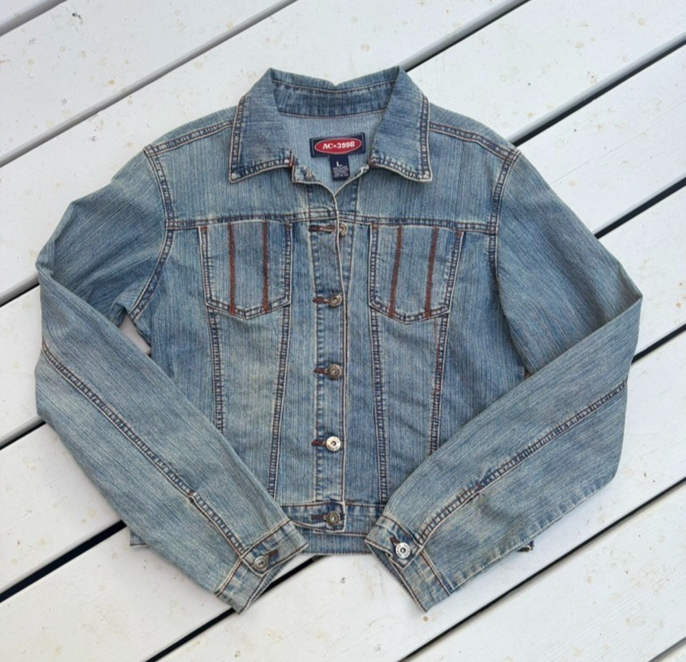 VTG Y2K AC 3998 Denim Trucker Jacket Red Contrast Stitching Stretch Women's L